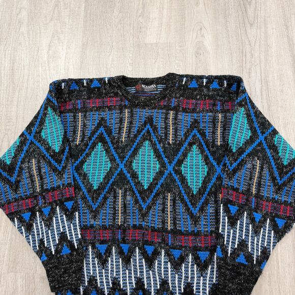 Vintage Scandia Sweater Men's Large Geometric Knit Crewneck 90s USA Biggie Cosby - Picture 2 of 7